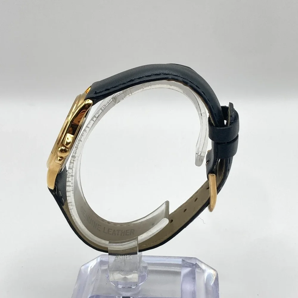 Tourneau Pegasus Watch Women 30mm Gold Tone Black Leather 30M New Battery 8.25